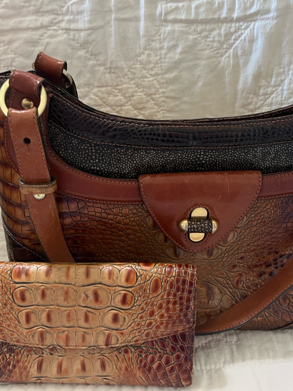 Cognac Croc-Embossed Leather Shoulder Bag with Matching Wallet